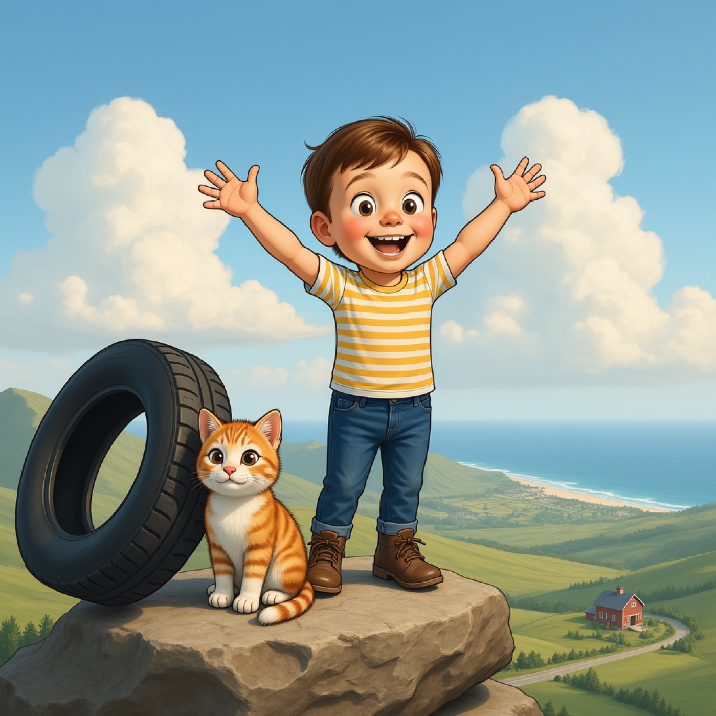 The Curious Kid celebrating on a mountaintop at sunrise — interior spread